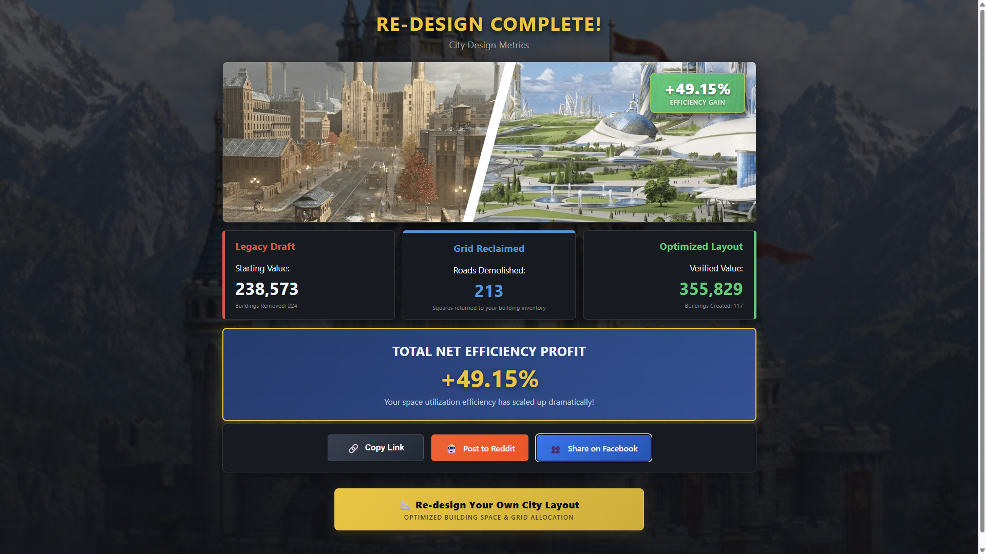 Re-design Complete results screen showing a 49.15% efficiency gain, buildings removed and created, and share options