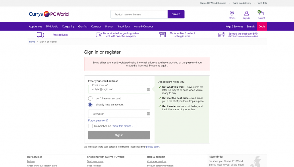 Currys won't let me sign into my currys account.