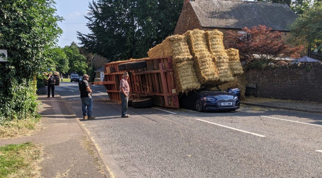 Car crushed by hay bales - Deddington A4260