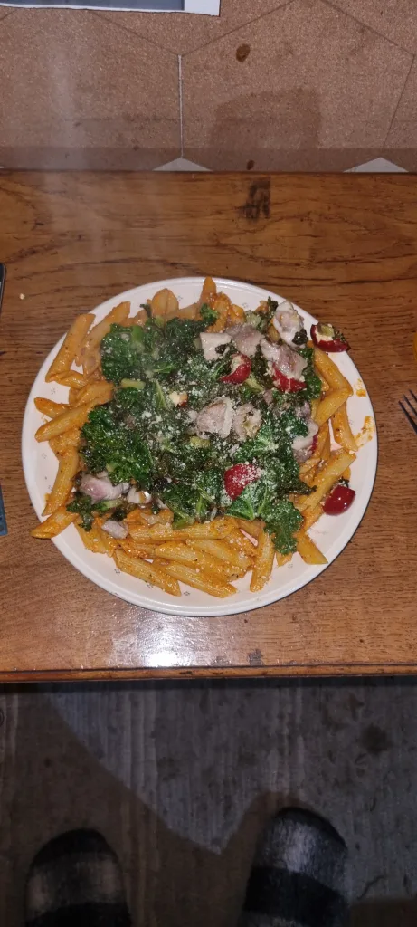 Pasta&Pesto and stuffed cherry peppers. Garlic fried kale and chicken.