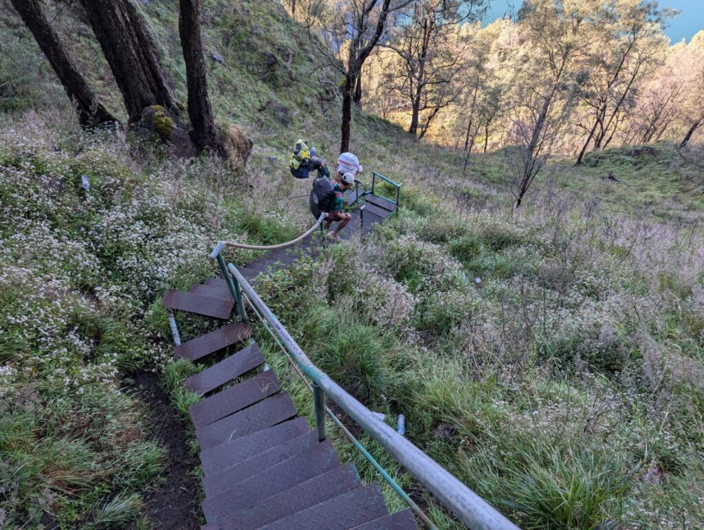 Steep steps descending to the crater lake of mount Rinjani.